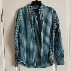 American Eagle Outfitters Teal Checkered Button Down Shirt Slim Fit Men Large